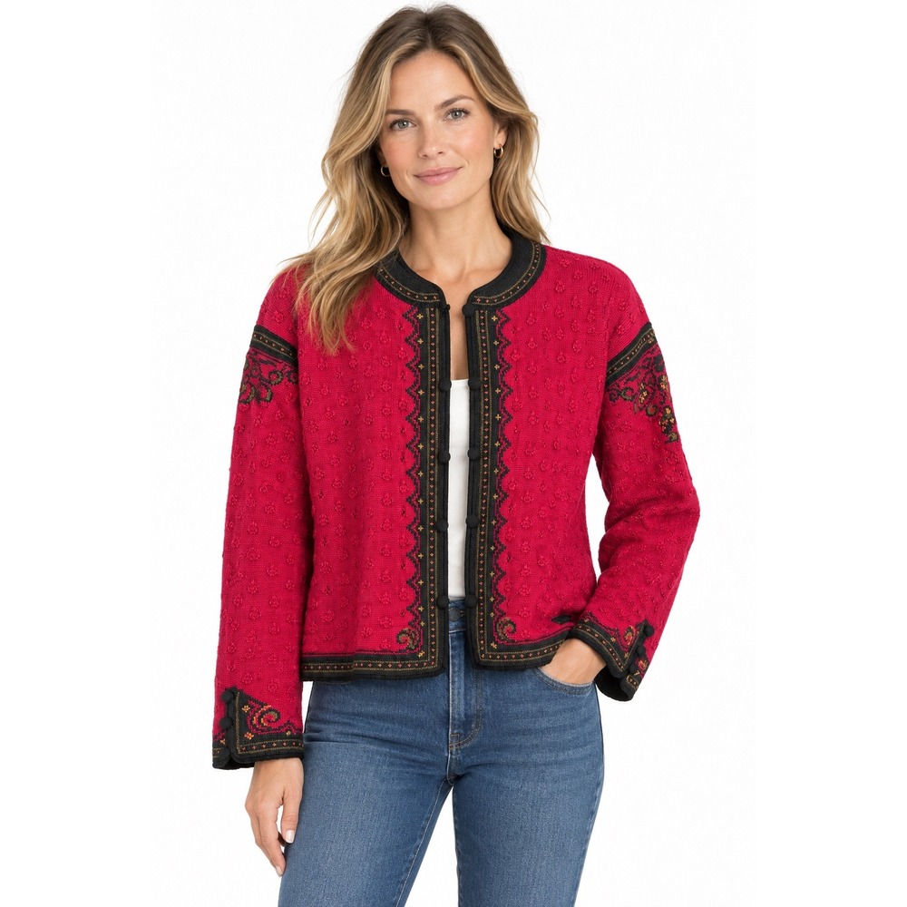 Dale of Norway Red Wool Cardigan Sweater Floral Embroidered Nordic Womens M